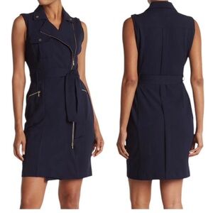 Calvin Klein NWT Sleeveless Moto Sheath Dress Navy Blue Size 4 Gold Hardware